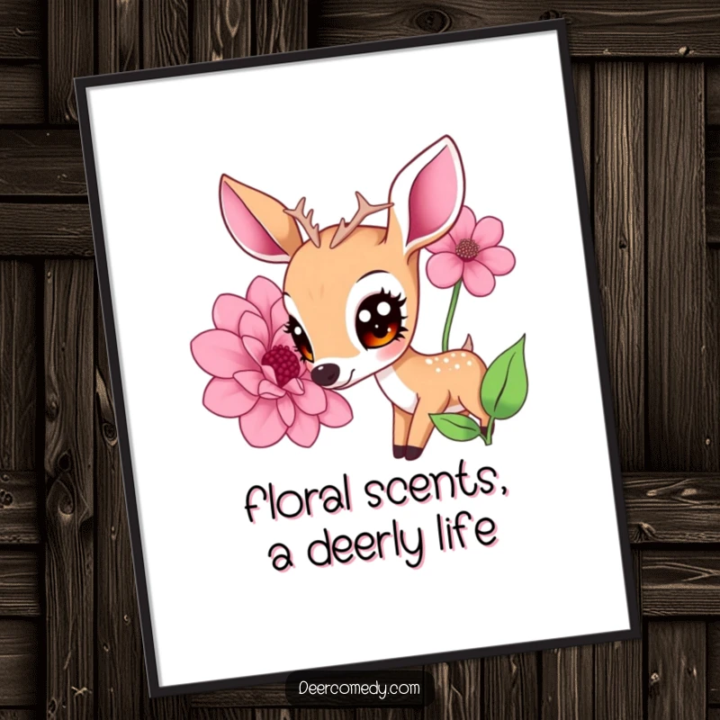 Funny Free Printable Wall Art: A kawaii deer with large, expressive eyes gently sniffing a giant, vibrant flower, creating a cute and peaceful scene.