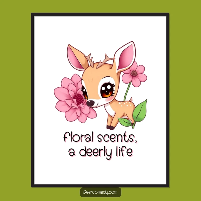Free Printable Wall Art: Kawaii Deer Flower Sniff, Cute Downloadable Art Gift