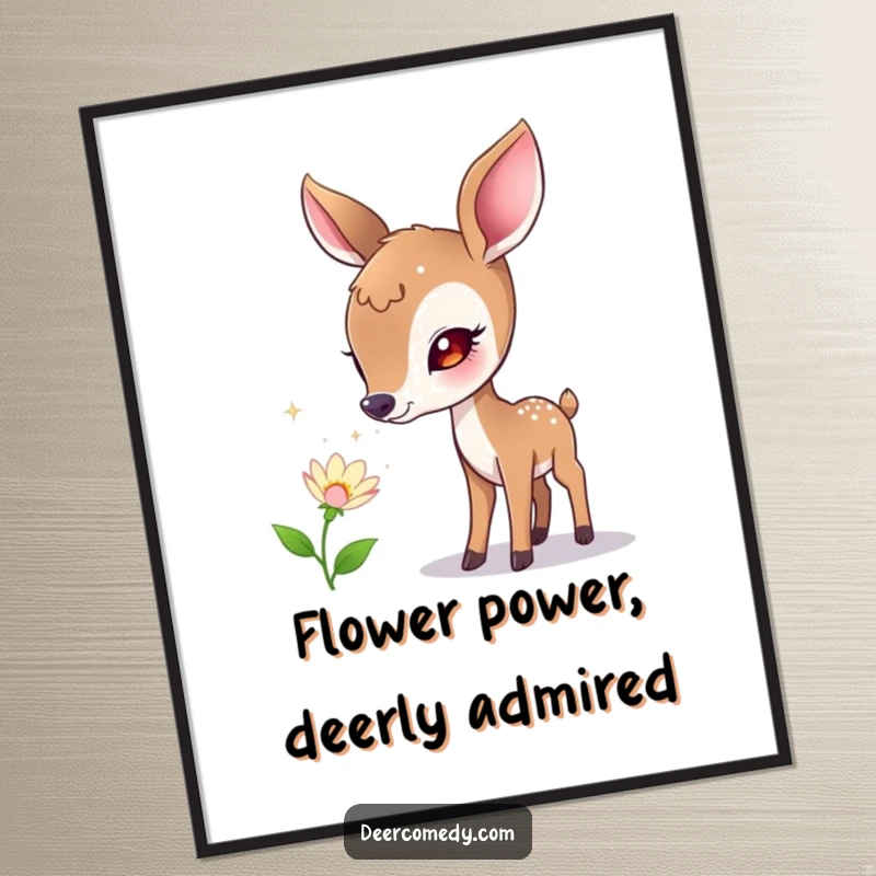 Funny Free Printable Wall Art: A curious deer is captivated by a flower emitting delicate, sparkling bubbles.