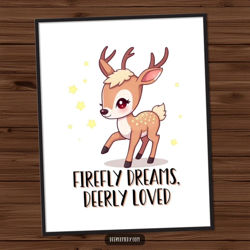 Funny Free Printable Wall Art: Shimmering kawaii deer chasing glowing fireflies in a magical night scene, perfect downloadable art for any room.