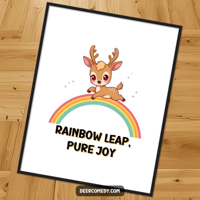 Funny Free Printable Wall Art: A Kawaii Deer with Sparkling Eyes Playfully Leaping Over a Colorful Rainbow Arch.