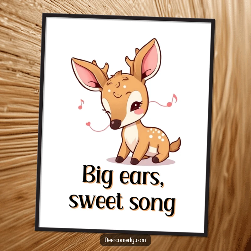 Funny Free Printable Wall Art: A Kawaii Deer with Oversized Ears Listening Intently to a Tiny, Melodious Sound.
