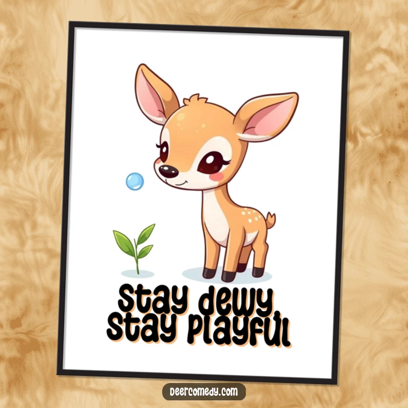 Funny free printable wall art of a playful deer attempting to balance a dewdrop on its nose, creating a serene and whimsical scene.