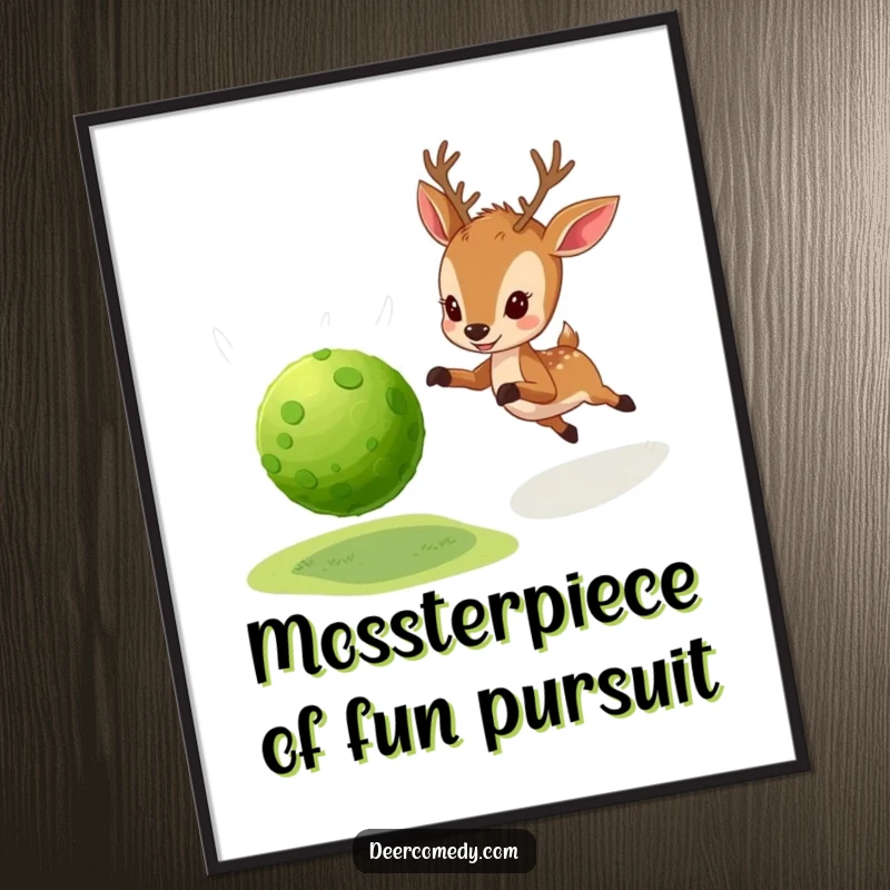 Funny Free Printable Wall Art: A little deer gleefully chases a bouncing ball made entirely of moss in a whimsical forest setting.