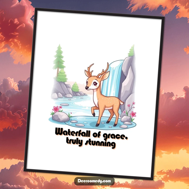 Funny Free Printable Wall Art: A graceful deer poses elegantly beside a breathtaking, sparkling waterfall, evoking peace and beauty.