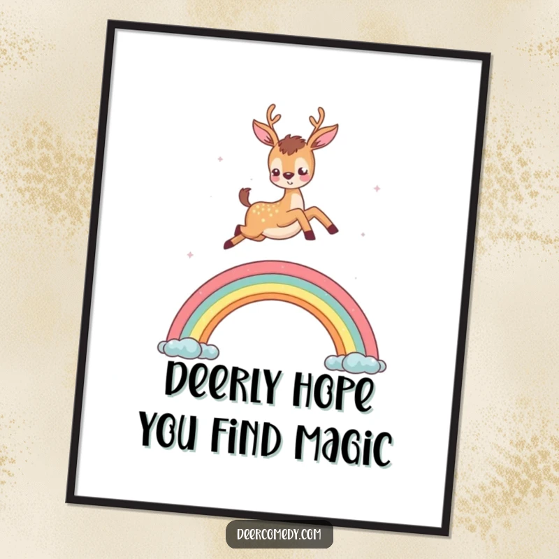 Funny free printable wall art of a cute deer joyfully leaping over a miniature rainbow, inspiring wonder and positivity.