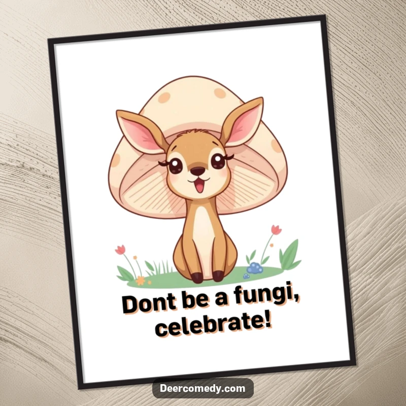 Funny free printable wall art of a surprised deer peeking out from behind a large, smiling mushroom, creating a whimsical scene.
