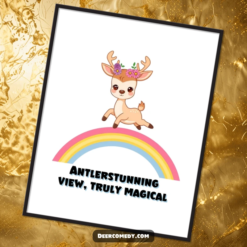 Funny Free Printable Wall Art: A cute deer adorned with flowers in its antlers leaps joyfully over a vivid rainbow.
