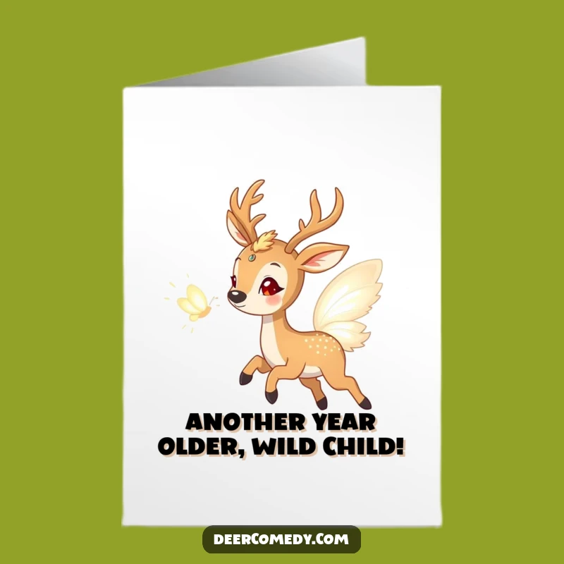 Free Printable Birthday Card Funny Deer Chasing Light Butterfly Downloadable Gift