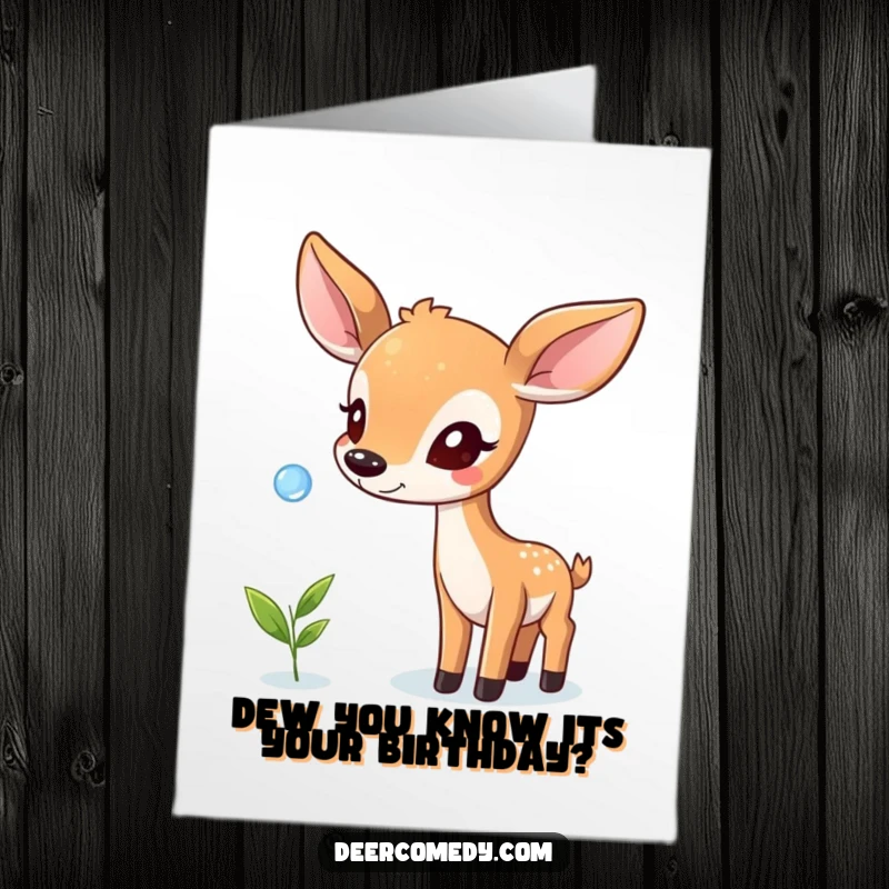 Funny free printable birthday card featuring a playful deer concentrating hard while attempting to balance a shimmering dewdrop on its nose.
