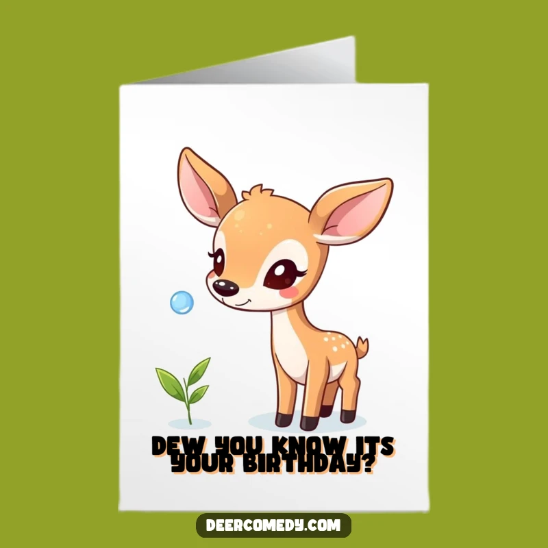 Free Printable Birthday Card: Deer Balancing Dewdrop - Funny Downloadable Gift