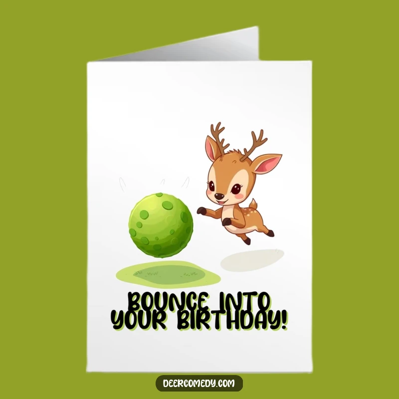 Free Printable Birthday Card: Deer Moss Ball Chase, Playful Downloadable Gift