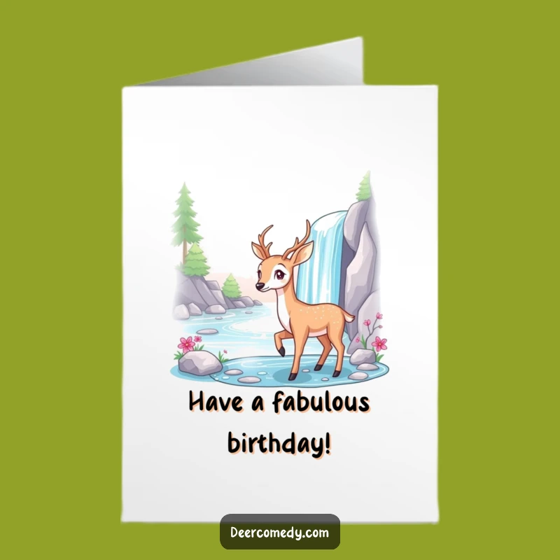 Free Printable Birthday Card: Deer Waterfall Serenity, Elegant Downloadable Gift