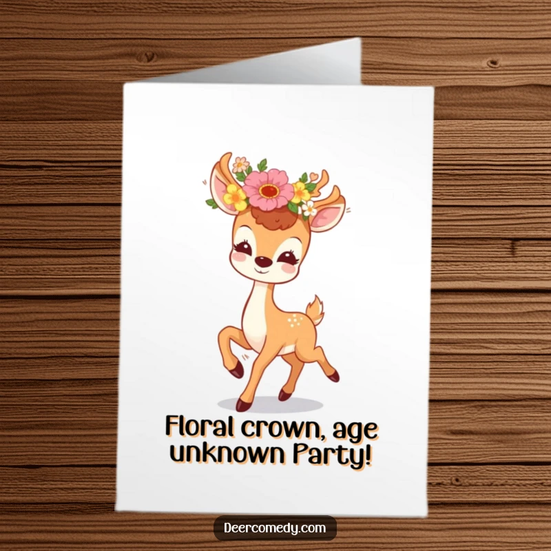 Funny Free Printable Birthday Card: Kawaii deer wearing a floral wreath, prancing joyfully with a huge smile, perfect for a DIY gift.