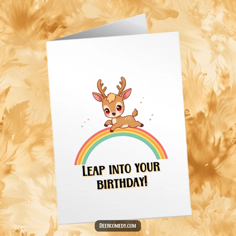 Funny Free Printable Birthday Card: A Kawaii Deer with Sparkling Eyes Playfully Leaping High Over a Vibrant Rainbow Arch.