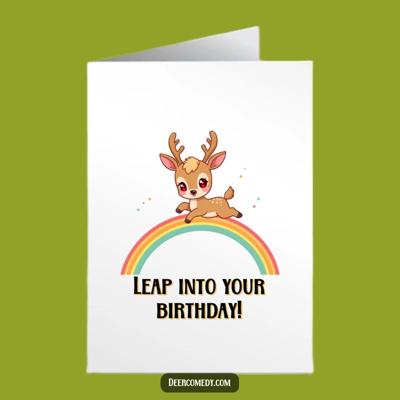 Free Printable Birthday Card: Kawaii Deer Leaping Rainbow - Downloadable Gift
