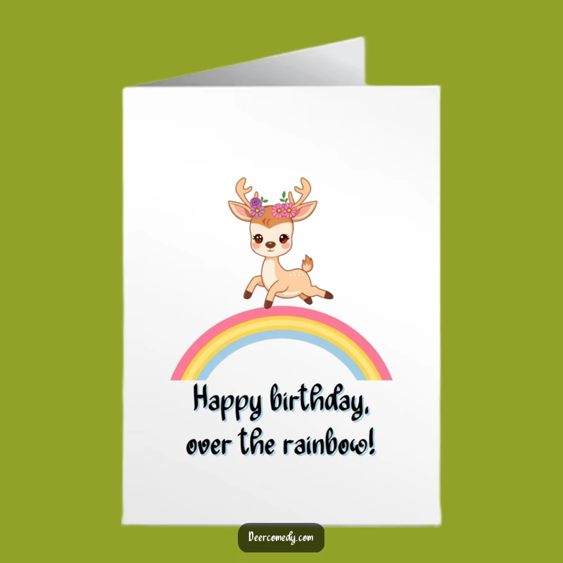 Free Printable Birthday Card: Rainbow Deer Leap, Floral Joyful Downloadable Gift