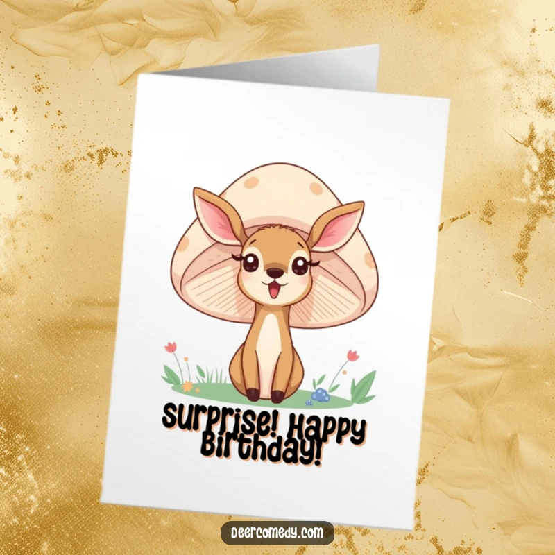 Funny free printable birthday card featuring a surprised deer peeking from behind a giant, smiling mushroom, ready for a fun surprise.