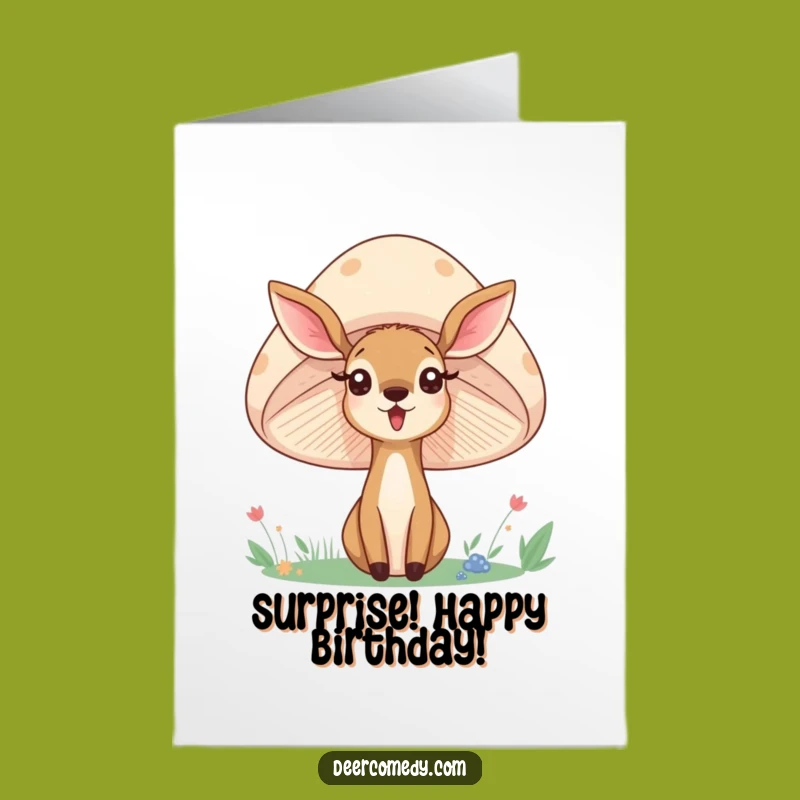 Free Printable Birthday Card: Surprised Deer Mushroom - Funny Downloadable Gift