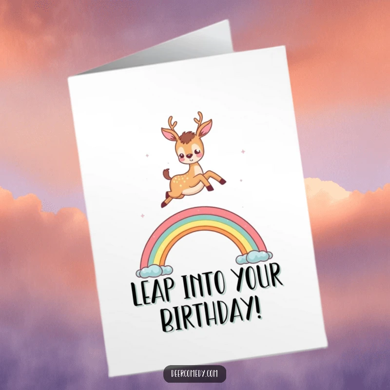 Funny free printable birthday card featuring a cute deer joyfully leaping over a miniature rainbow, symbolizing a bright celebration.