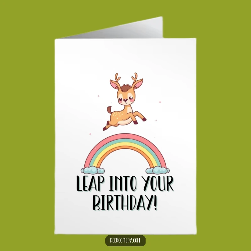 Free Printable Birthday Card: Deer Leaping Rainbow - Funny Downloadable Gift