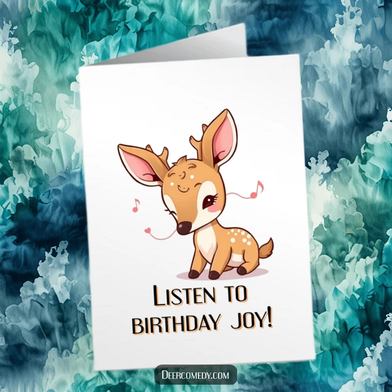 Funny Free Printable Birthday Card: A Kawaii Deer with Huge Ears Intently Listening to a Tiny, Sweet Melody.
