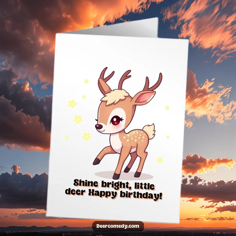 Funny Free Printable Birthday Card: Kawaii deer with a shimmering coat chasing glowing fireflies under the night sky, magical birthday gift.
