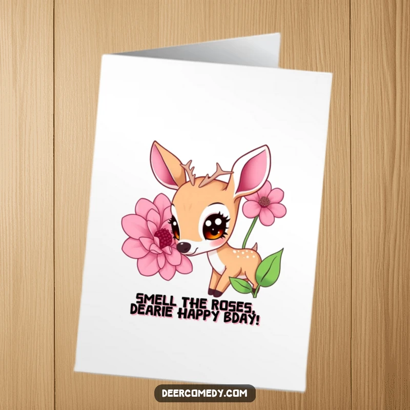 Funny Free Printable Birthday Card: Kawaii deer with big expressive eyes gently sniffing a giant flower, perfect cute birthday gift.