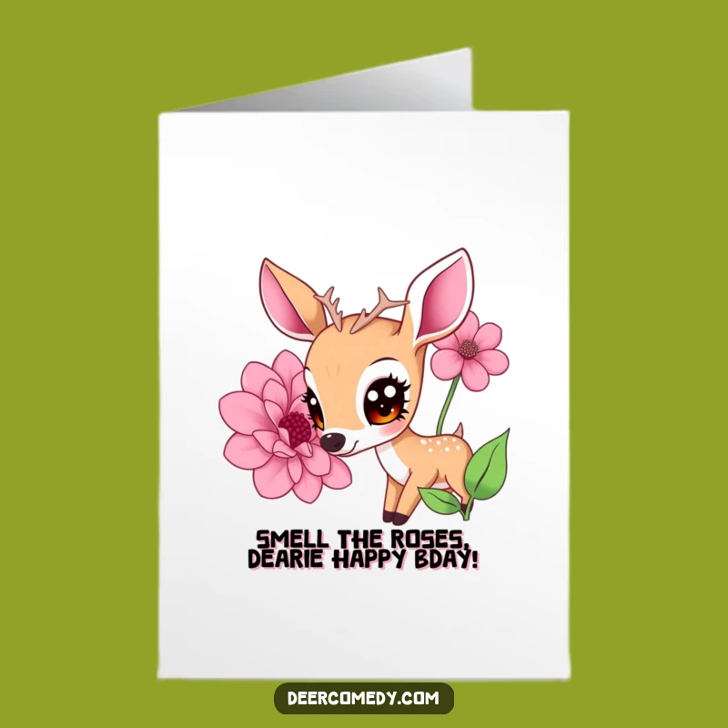 Free Printable Birthday Card: Kawaii Deer Sniffing Flower, Cute Downloadable Gift
