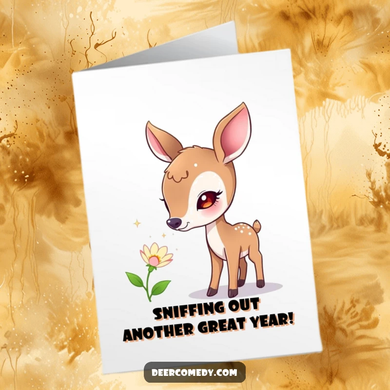 Funny Free Printable Birthday Card: A curious deer gently sniffs a flower releasing tiny, sparkling bubbles.