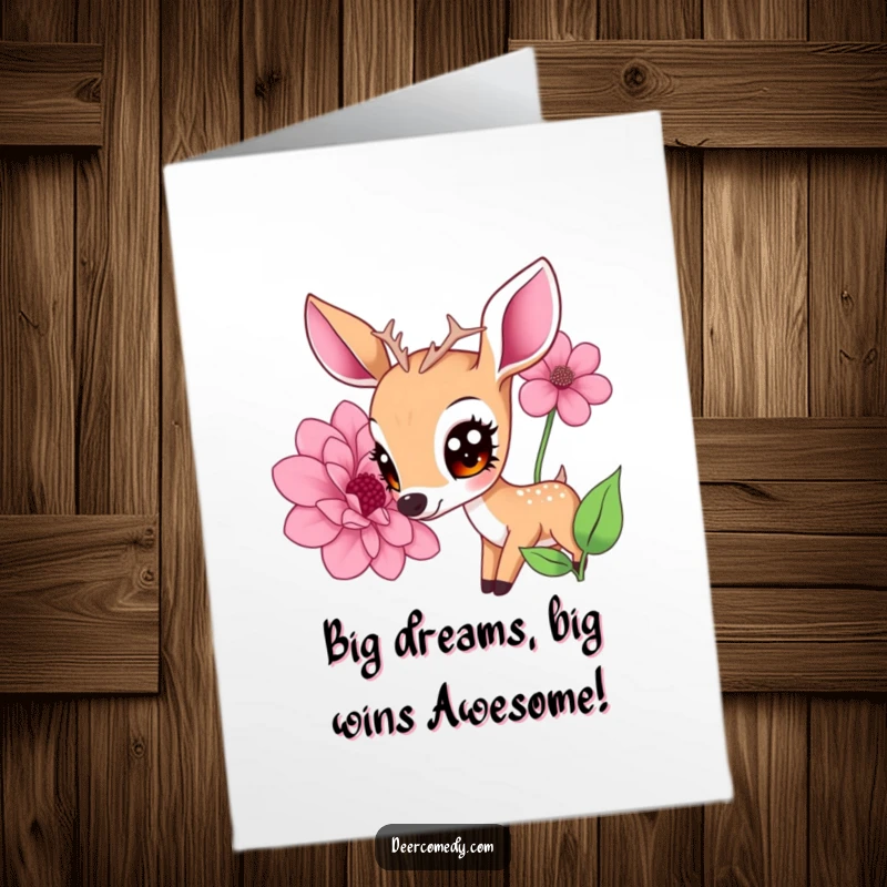 Funny Free Printable Congrats Card: A kawaii deer with large eyes sniffing a huge flower, symbolizing growth and beauty, cute congratulatory gift.