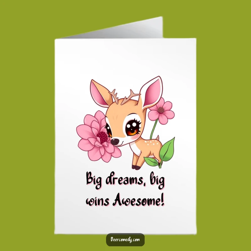 Free Printable Congrats Card: Kawaii Deer Flower Sniff, Cute Downloadable Gift