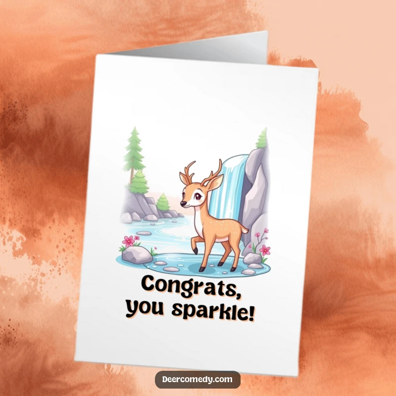 Funny Free Printable Congratulations Card: A graceful deer stands beside a shimmering waterfall, representing serene accomplishment and beauty.