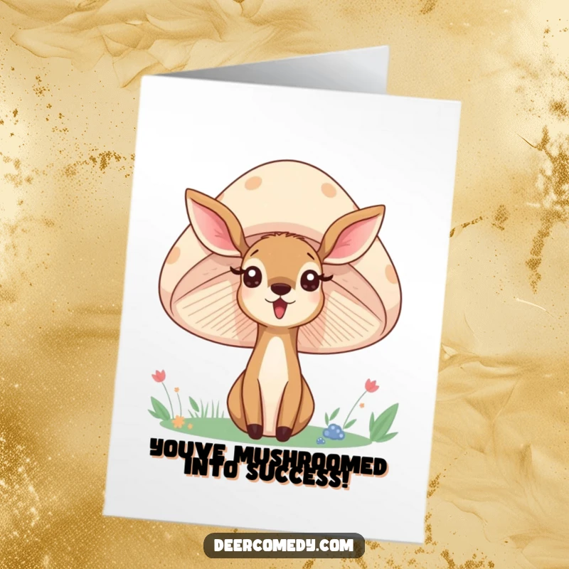 Funny free printable congratulations card with a surprised deer peeking out behind a large, smiling mushroom, celebrating a happy surprise.
