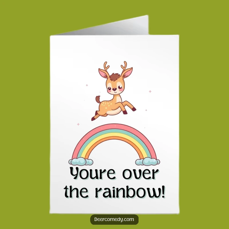 Free Printable Congrats Card: Deer Rainbow Leap - Funny Downloadable Gift