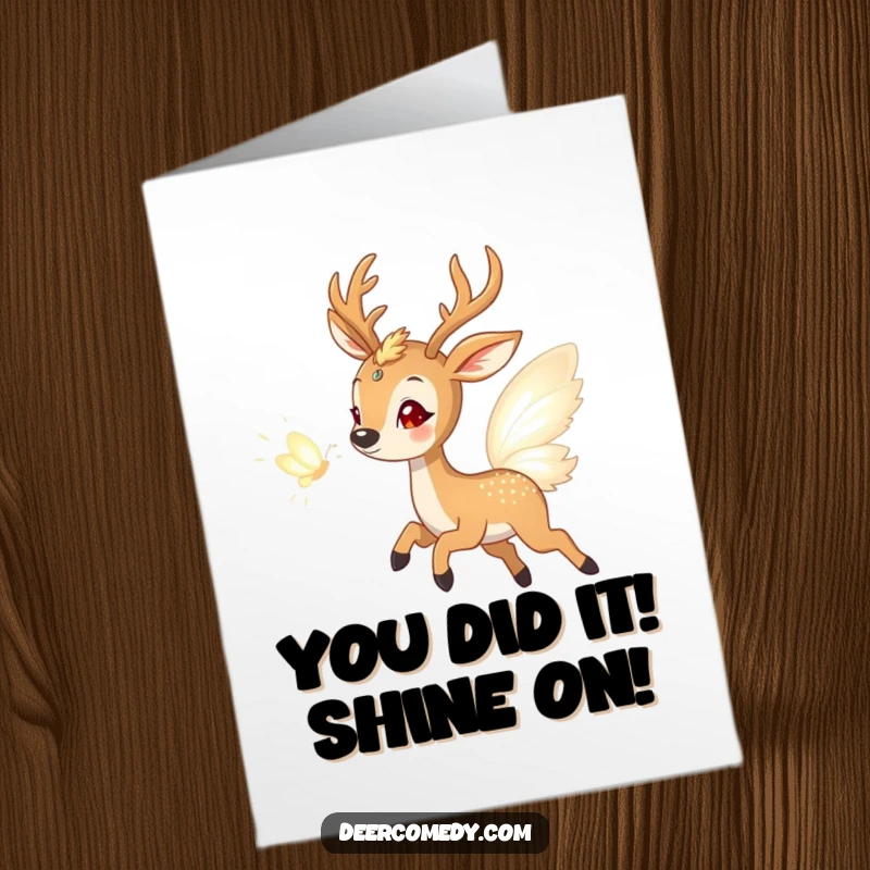 Funny Free Printable Congrats Card: Excited deer joyfully chases a luminous butterfly crafted from shimmering light.