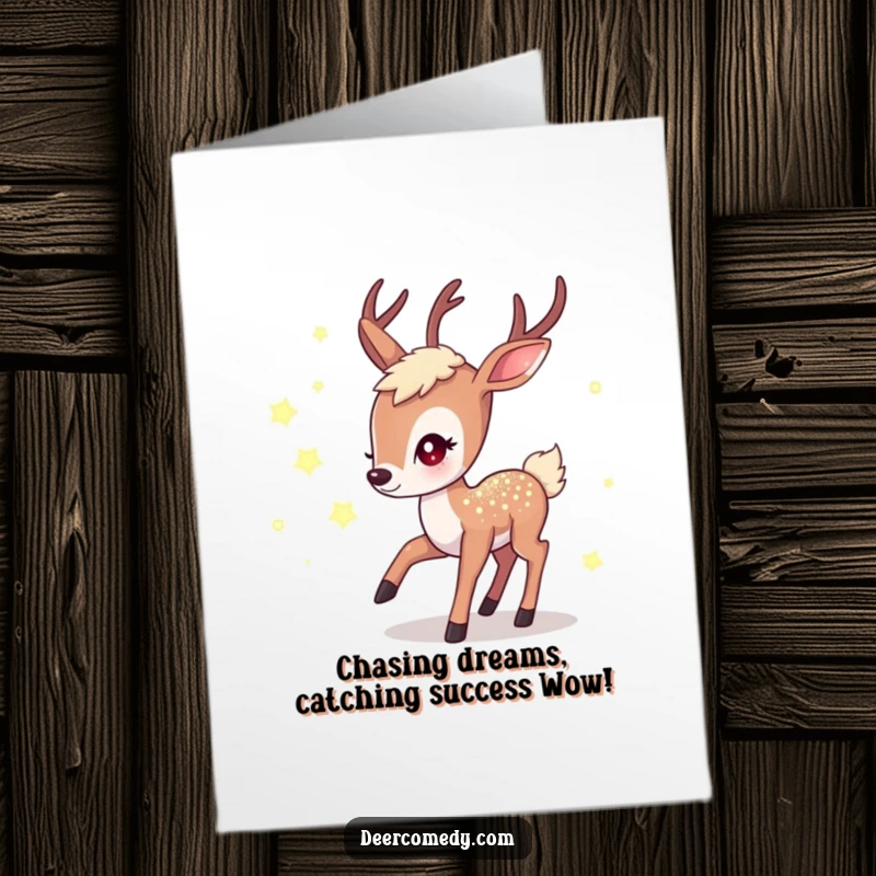 Funny Free Printable Congrats Card: A shimmering kawaii deer playfully chasing glowing fireflies, symbolizing success and brightness, magical congratulatory gift.