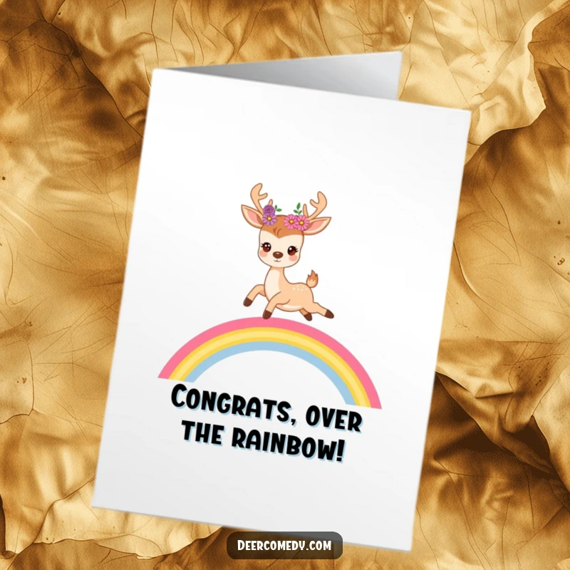 Funny Free Printable Congratulations Card: A floral-antlered deer leaps gracefully over a bright rainbow, signifying achievement and good fortune.