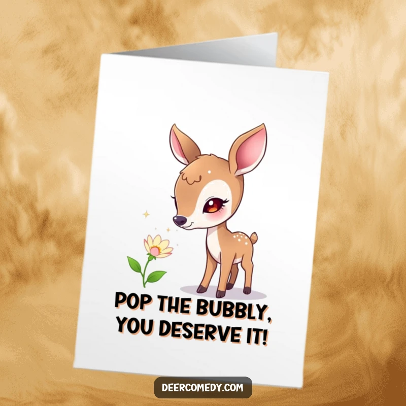 Funny Free Printable Congrats Card: A curious deer investigates a flower that's emitting tiny, effervescent bubbles.