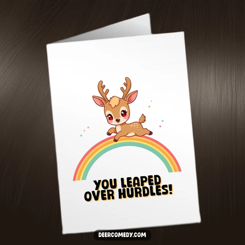 Funny Free Printable Congratulations Card: A Kawaii Deer Joyfully Leaping Over a Rainbow Arch, Symbolizing Triumph.