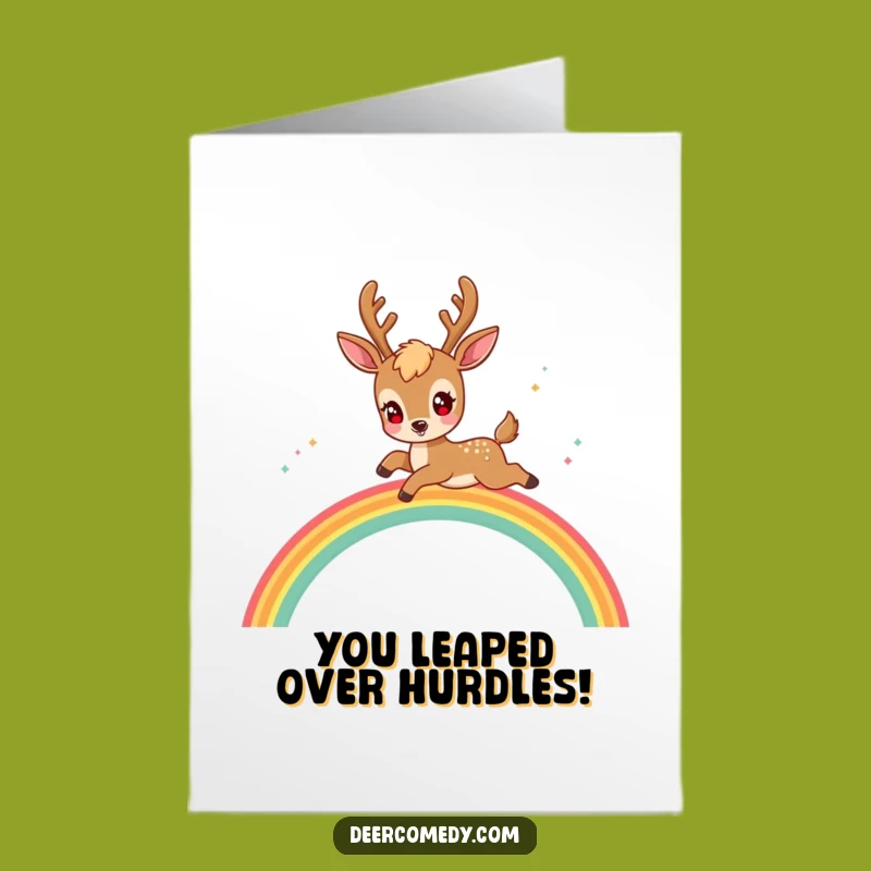 Free Printable Congrats Card: Kawaii Deer Rainbow Leap - Downloadable