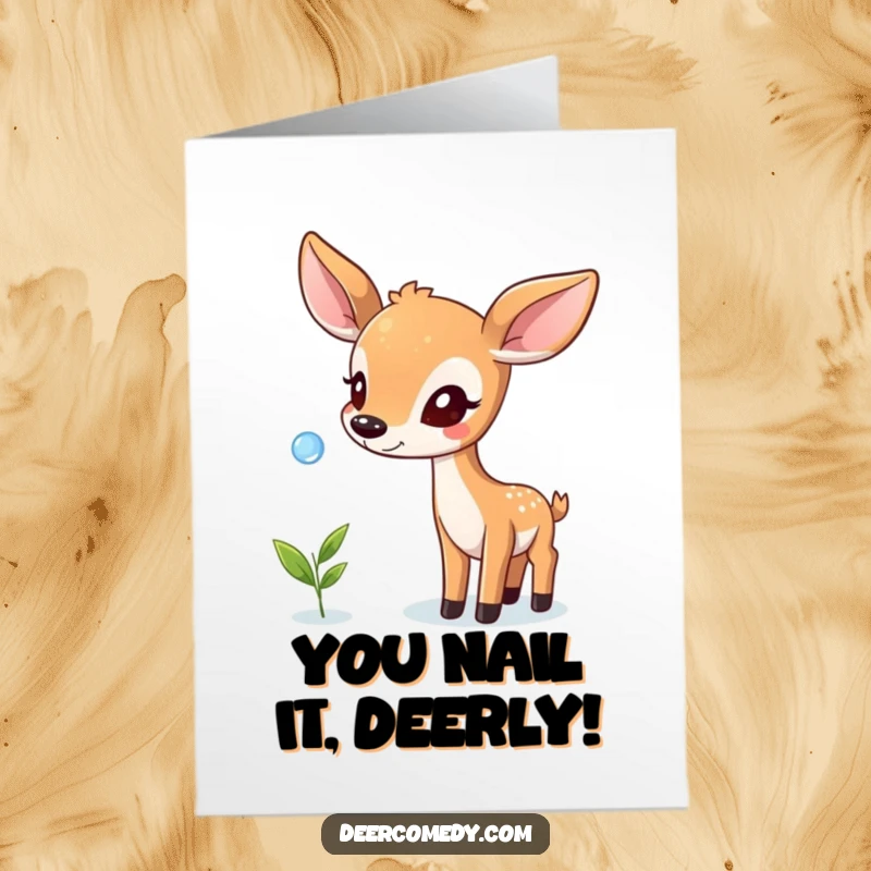 Funny free printable congratulations card showing a playful deer focused on balancing a dewdrop on its nose, celebrating precision.