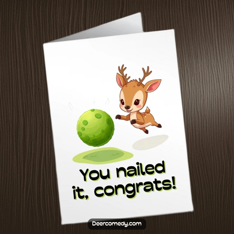Funny Free Printable Congratulations Card: An energetic deer enthusiastically pursues a bouncing moss ball, symbolizing pursuit of goals.