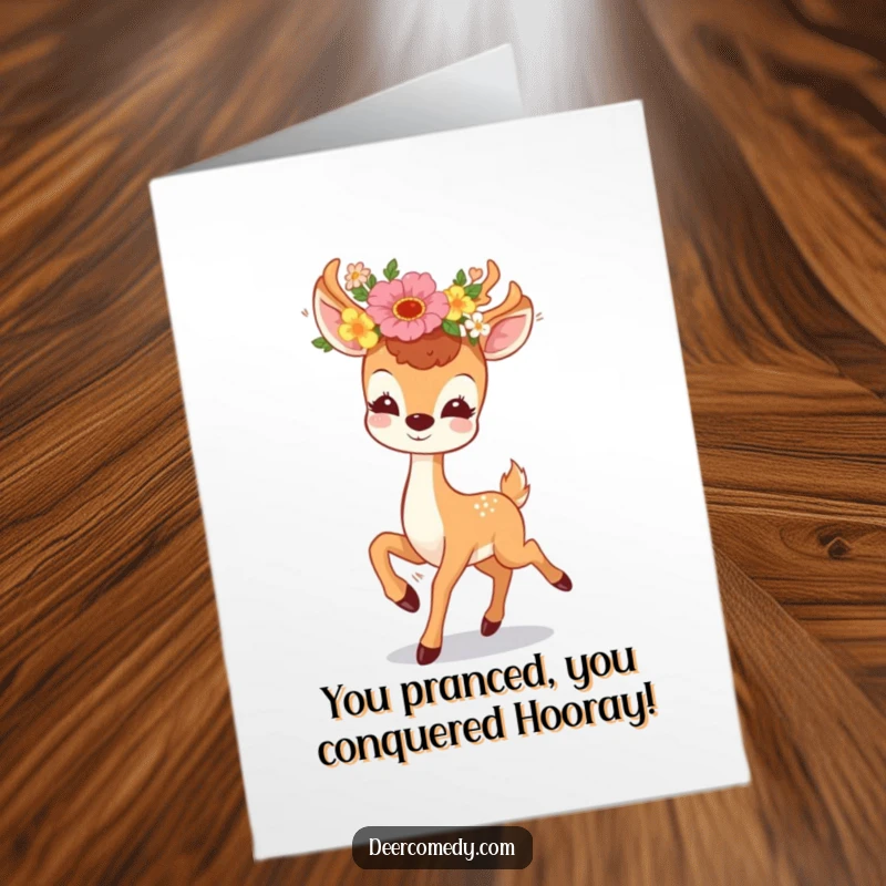 Funny Free Printable Congrats Card: A happy kawaii deer adorned with a floral wreath, celebrating success with a joyful prance, ideal DIY gift.