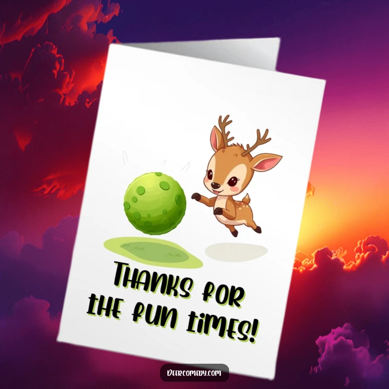 Funny Free Printable Thank You Card: A deer enthusiastically chases a moss ball, a playful symbol of thanks.