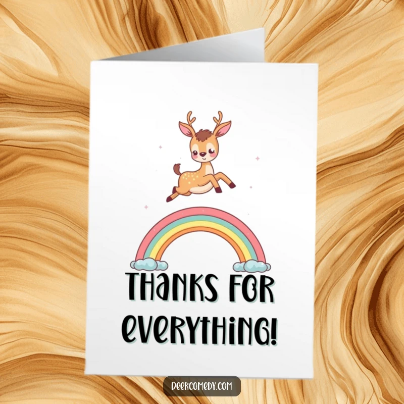 Funny free printable thank you card with a cute deer leaping over a rainbow, conveying heartfelt thanks with a magical touch.