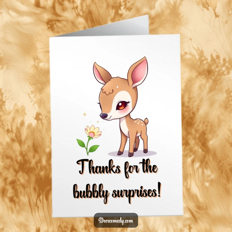 Funny Free Printable Thank You Card: A curious deer curiously sniffs a flower producing tiny, shimmering bubbles.