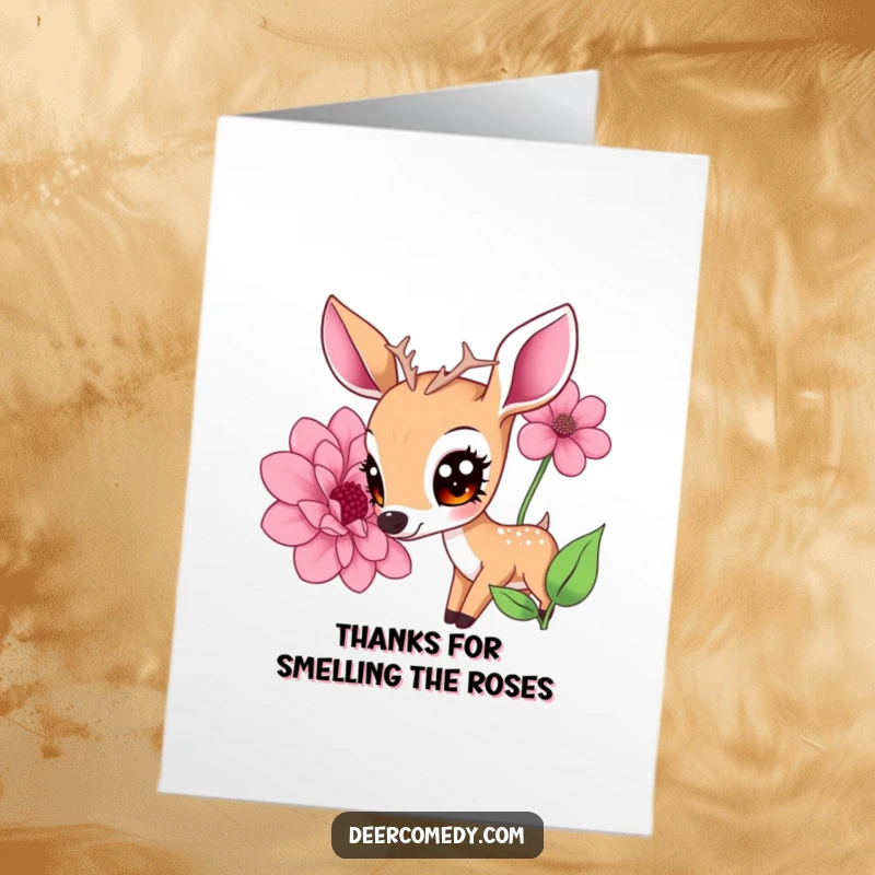 Funny Free Printable Thank You Card: Kawaii deer with expressive eyes smelling a giant flower, conveying sweet thanks, perfect cute gift.