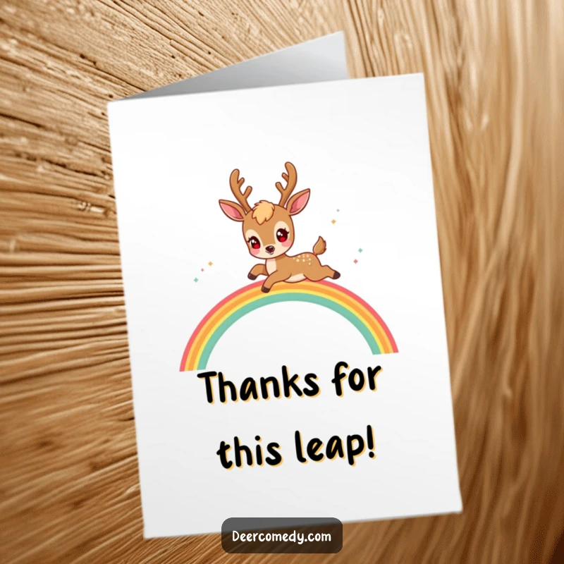 Funny Free Printable Thank You Card: A Kawaii Deer with Sparkling Eyes Playfully Leaping Over a Rainbow Arch, Sending Thanks.