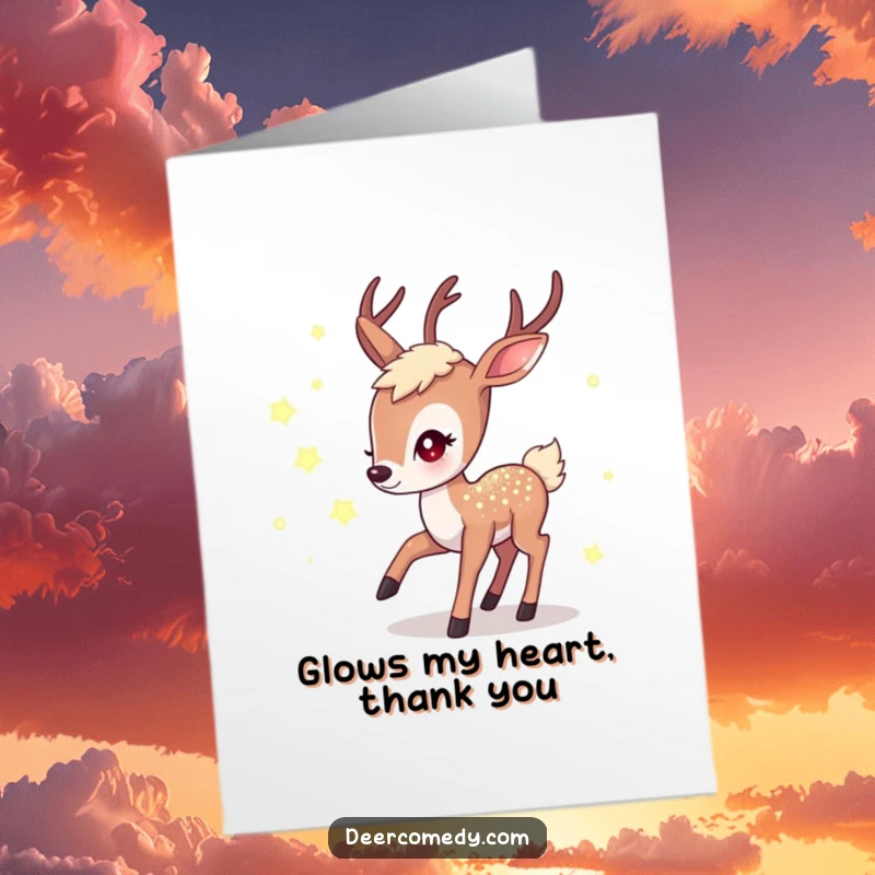 Funny Free Printable Thank You Card: Kawaii deer with a shimmering coat chasing fireflies, conveying magical thanks, perfect downloadable gift.